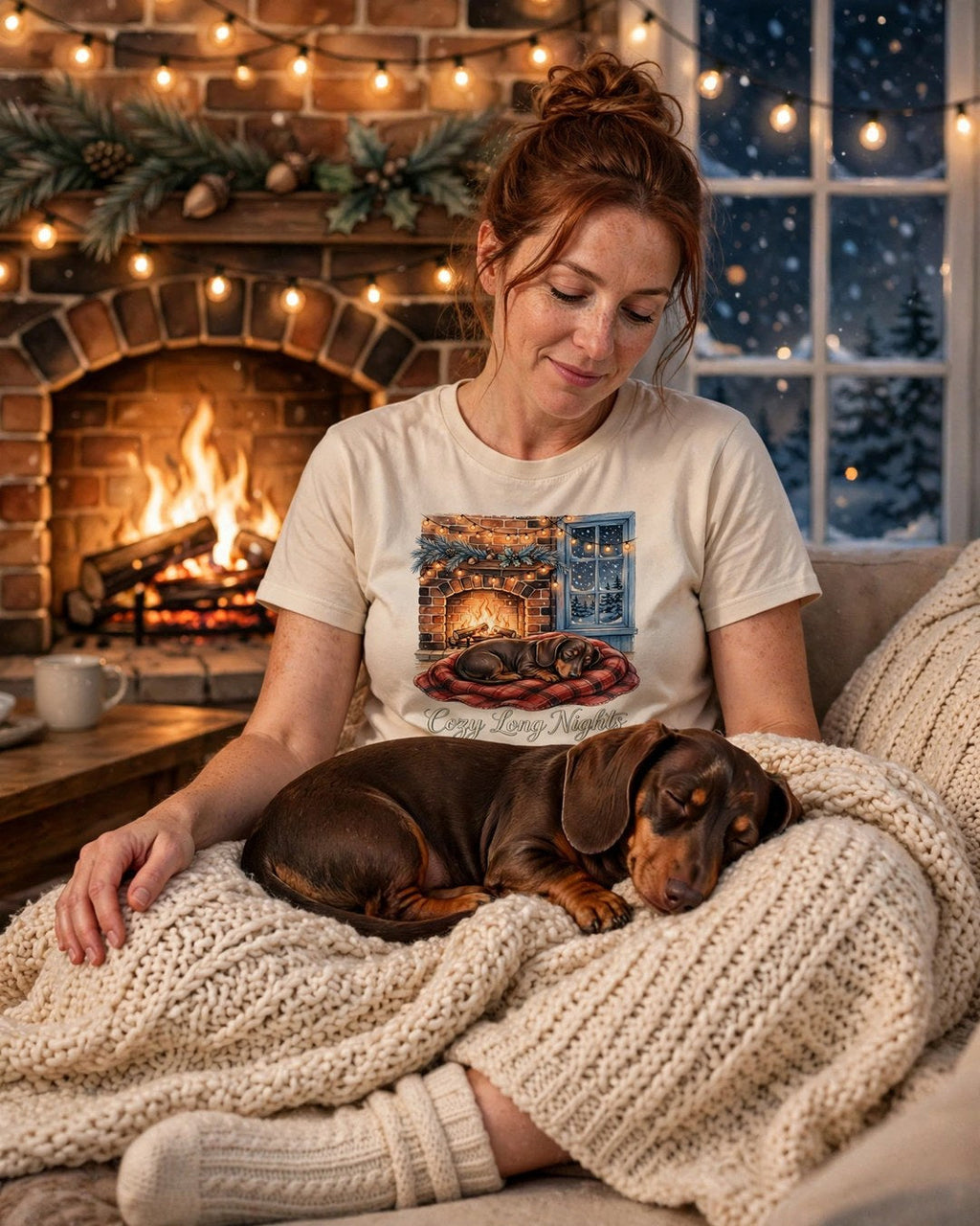 Worn by her — Cozy Long Nights Dachshund Tee
