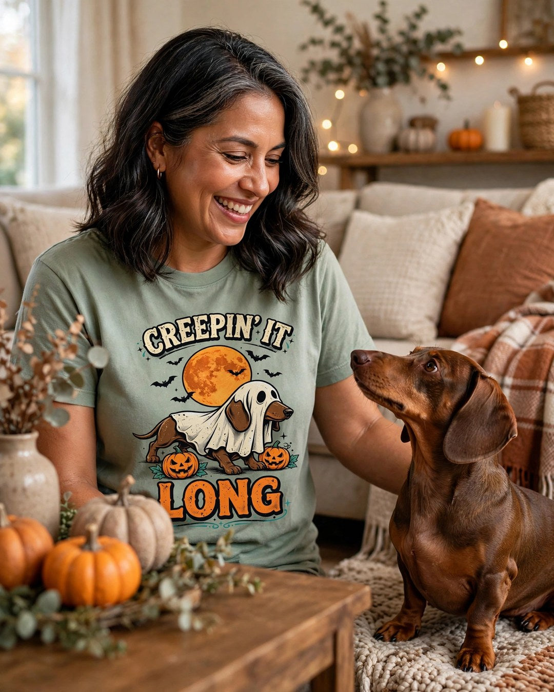Worn by her — Creepin' It Long Halloween Dachshund Tee