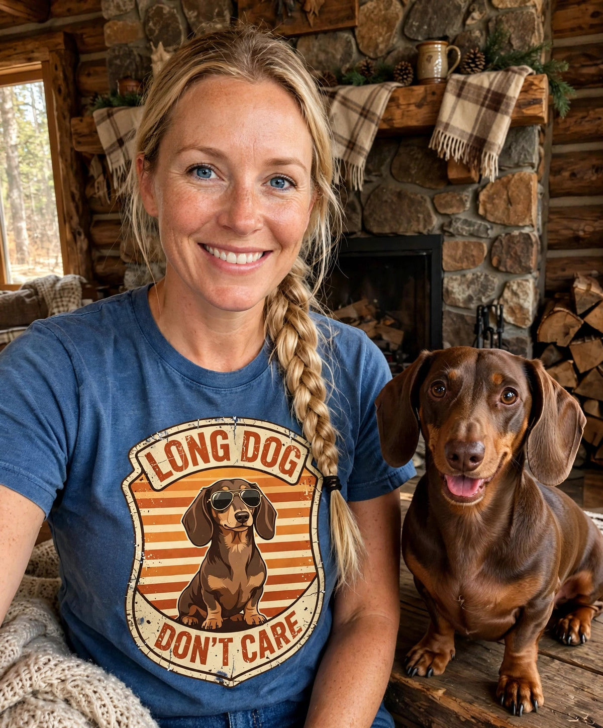 Worn by her — Long Dog Don't Care Dachshund Tee