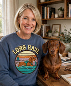 'Long Haul Sweatshirt — Retro Sunset Trail Badge' Dachshund Sweatshirt — alternate view