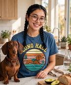 Worn by her — Long Haul Dachshund Tee — Retro Sunset Trail Badge