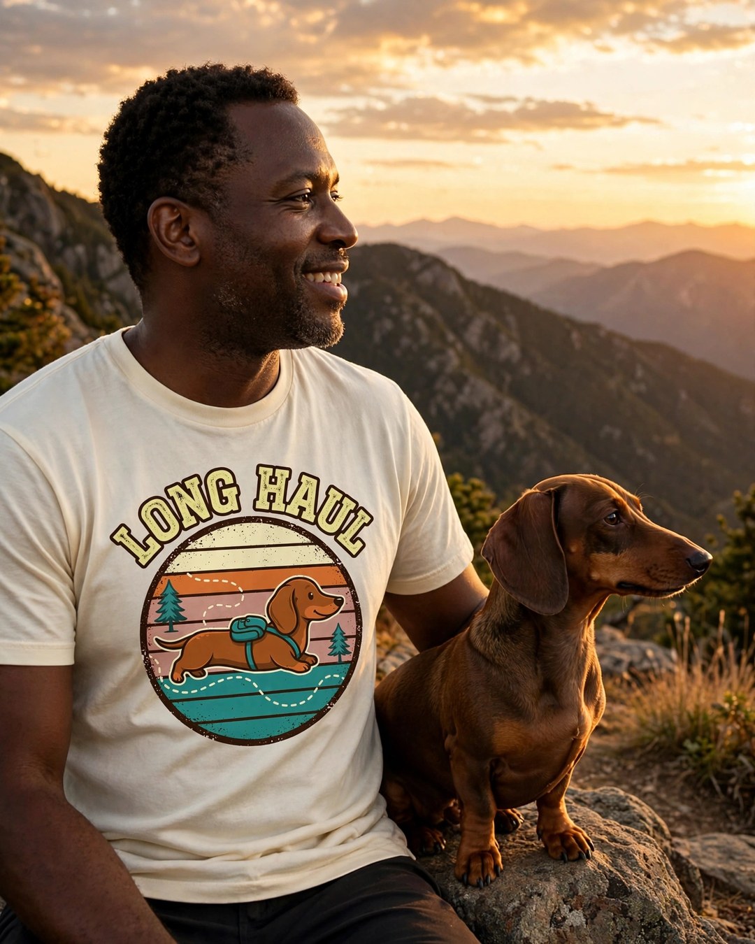 Worn by him — Long Haul Dachshund Tee — Retro Sunset Trail Badge