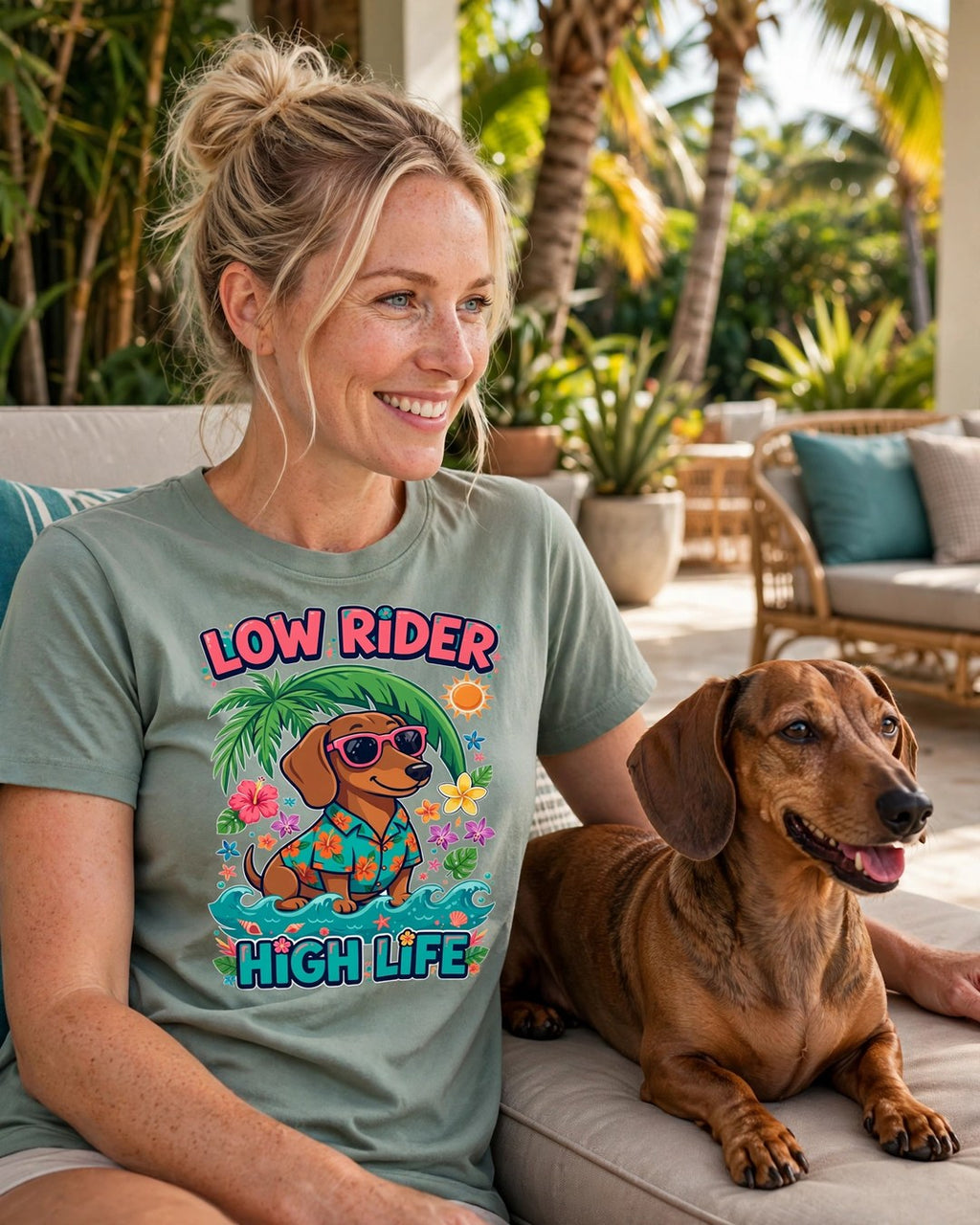Worn by her — Low Rider, High Life Tropical Dachshund Tee