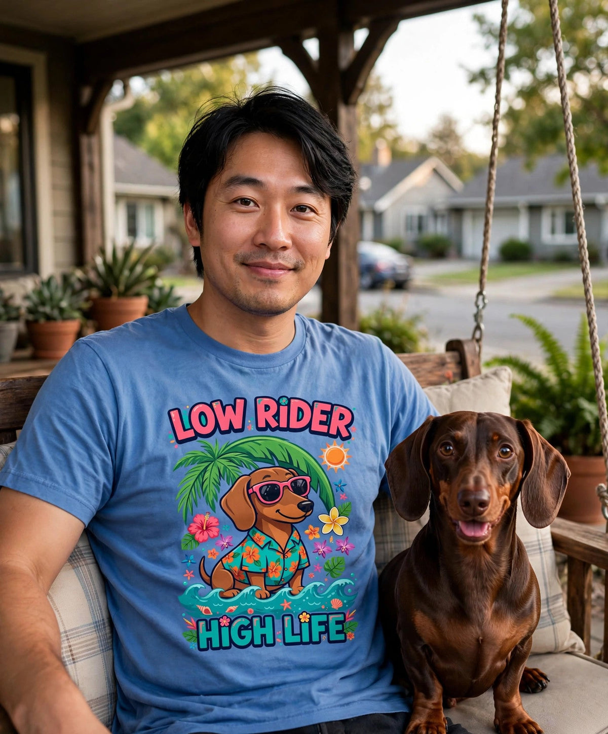 Worn by him — Low Rider, High Life Tropical Dachshund Tee