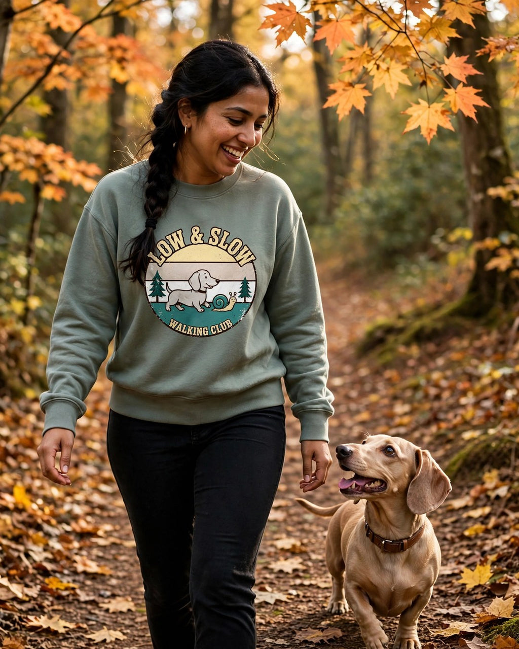 'Low & Slow Walking Club Sweatshirt — Retro Sunset Badge' Dachshund Sweatshirt — alternate view