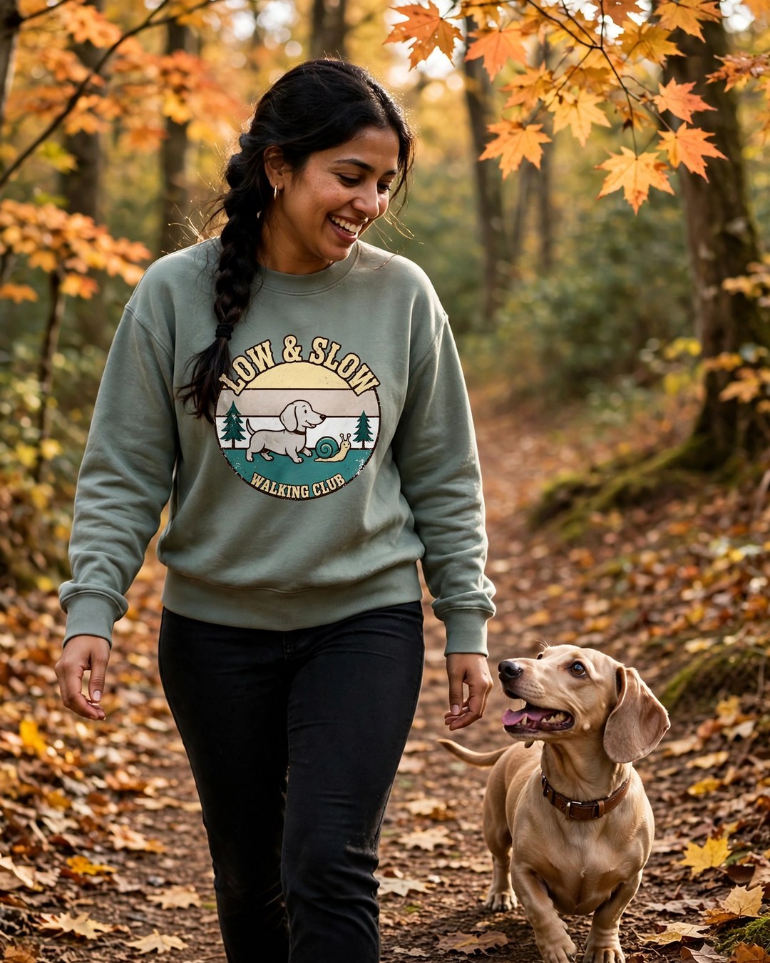 Worn by her — Low & Slow Walking Club Dachshund Sweatshirt — Retro Sunset Badge