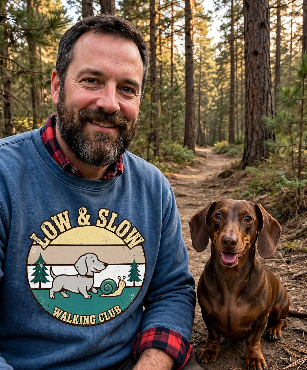 'Low & Slow Walking Club Sweatshirt — Retro Sunset Badge' Dachshund Sweatshirt — alternate view