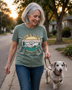 Worn by her — Low & Slow Walking Club Dachshund Tee — Retro Sunset Badge
