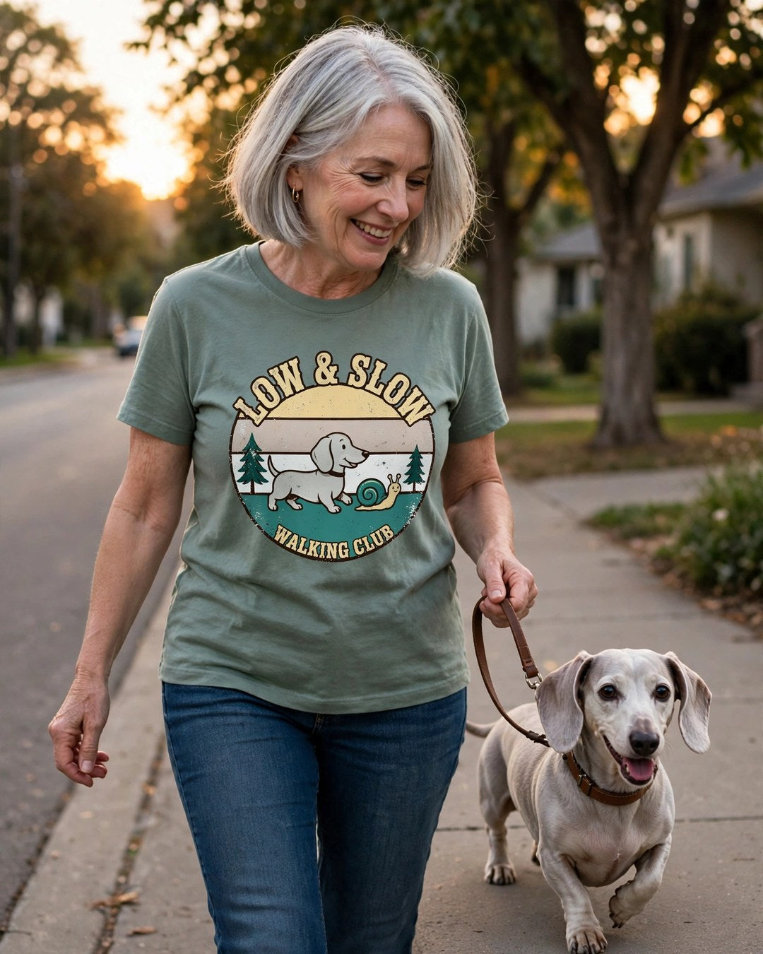Worn by her — Low & Slow Walking Club Dachshund Tee — Retro Sunset Badge