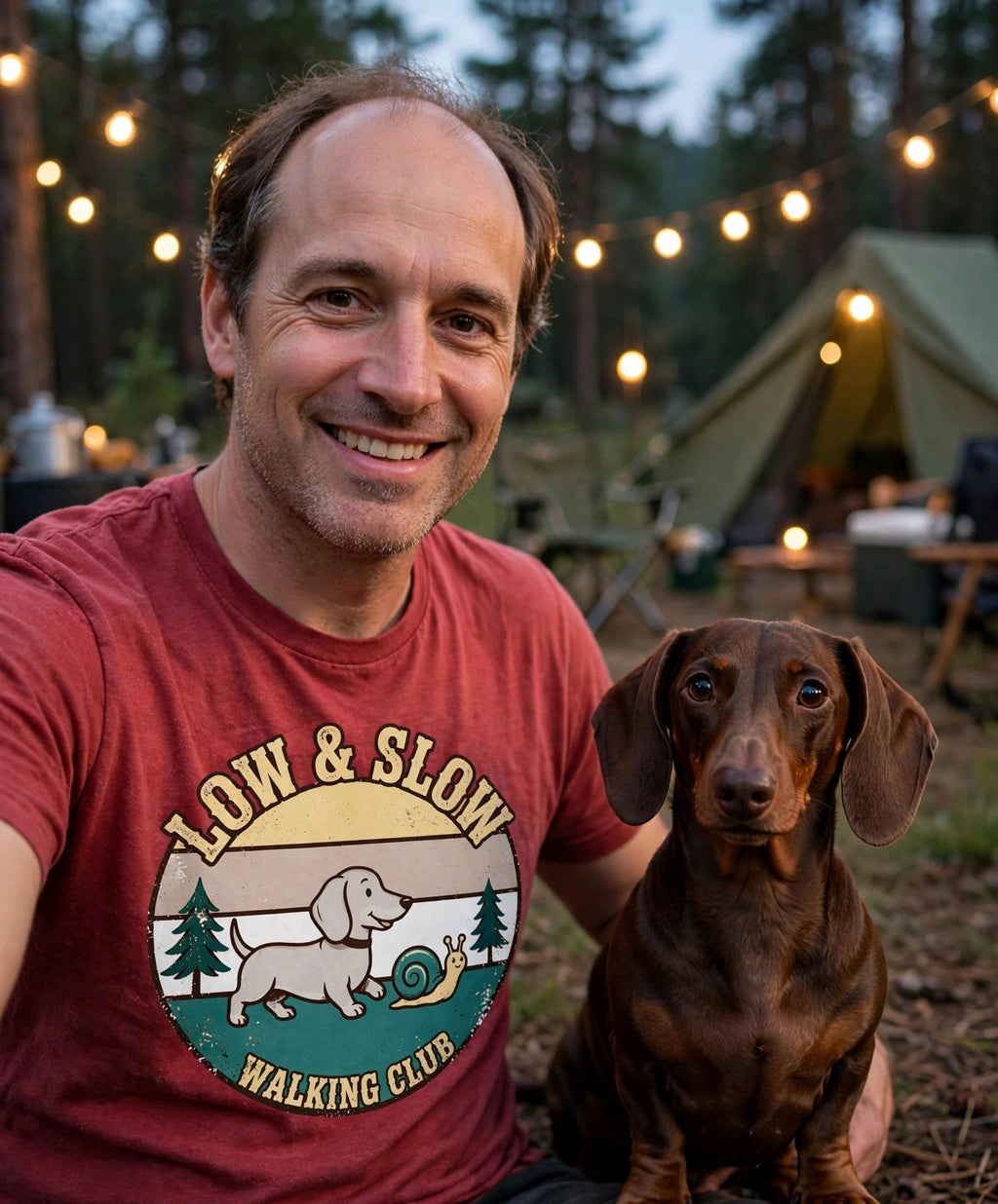 Worn by him — Low & Slow Walking Club Dachshund Tee — Retro Sunset Badge