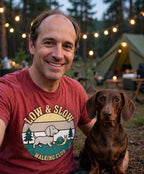 Worn by him — Low & Slow Walking Club Dachshund Tee — Retro Sunset Badge