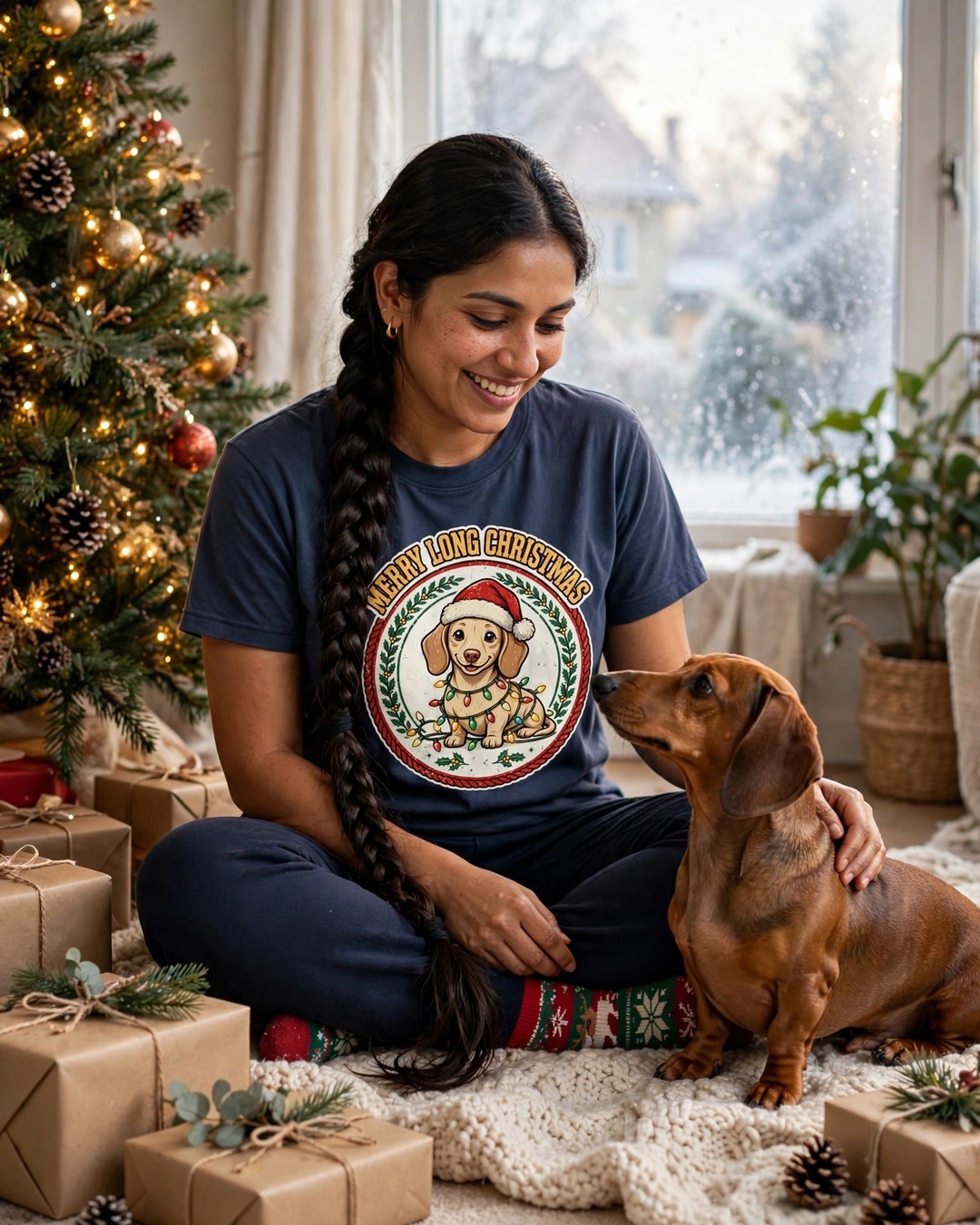 Worn by her — Merry Long Christmas Dachshund Tee