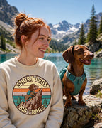 Worn by her — Short Legs, Big Trails Dachshund Sweatshirt — Retro Sunset Badge