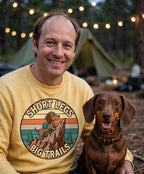 Worn by him — Short Legs, Big Trails Dachshund Sweatshirt — Retro Sunset Badge