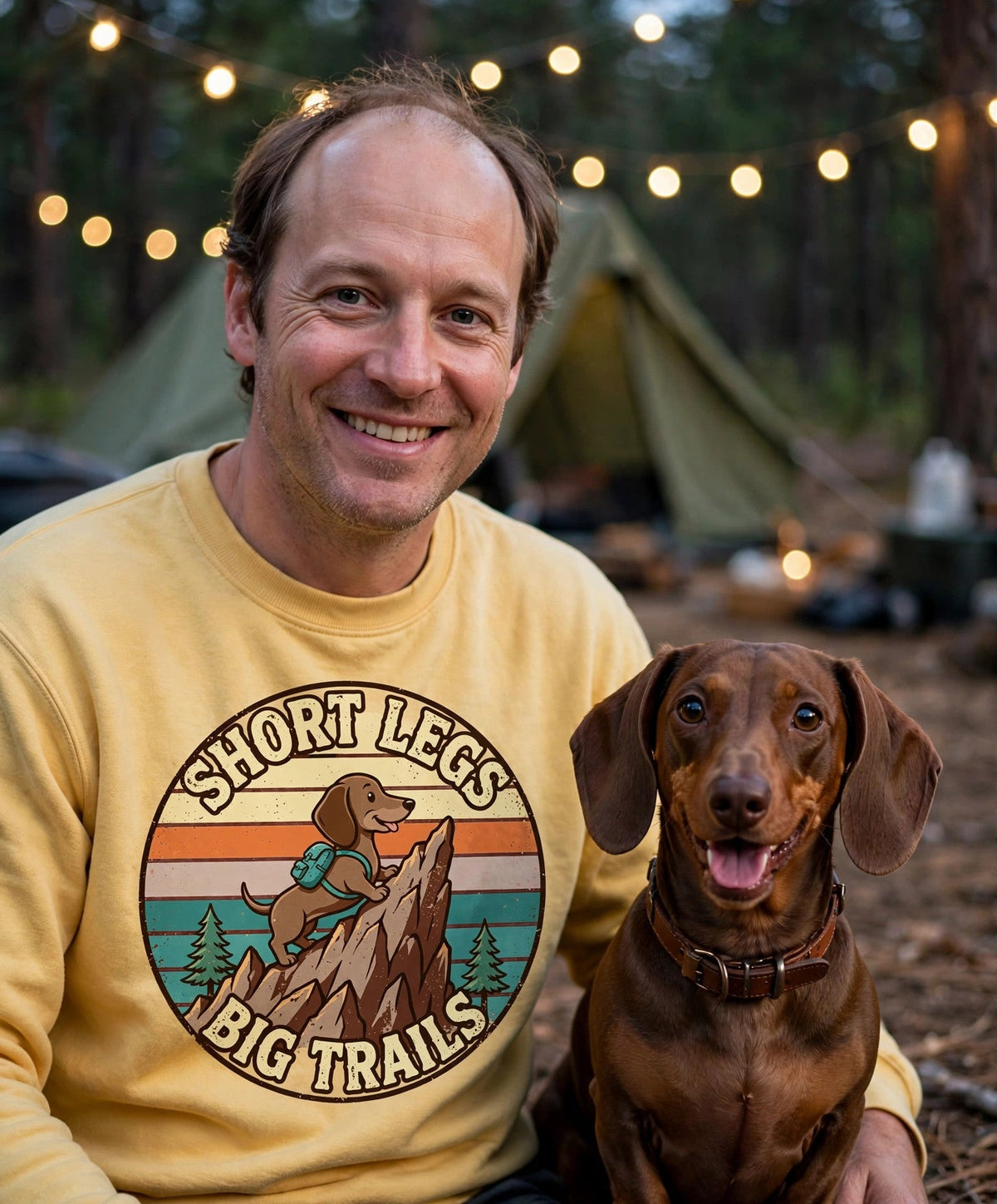 Worn by him — Short Legs, Big Trails Dachshund Sweatshirt — Retro Sunset Badge