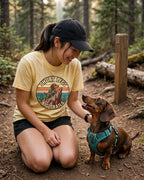 'Short Legs, Big Trails — Retro Sunset Badge' Dachshund T-Shirt — alternate view
