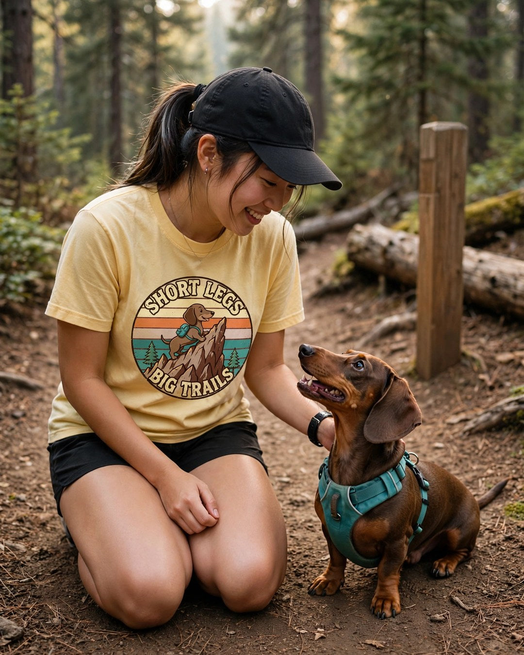 Worn by her — Short Legs, Big Trails Dachshund Tee — Retro Sunset Badge