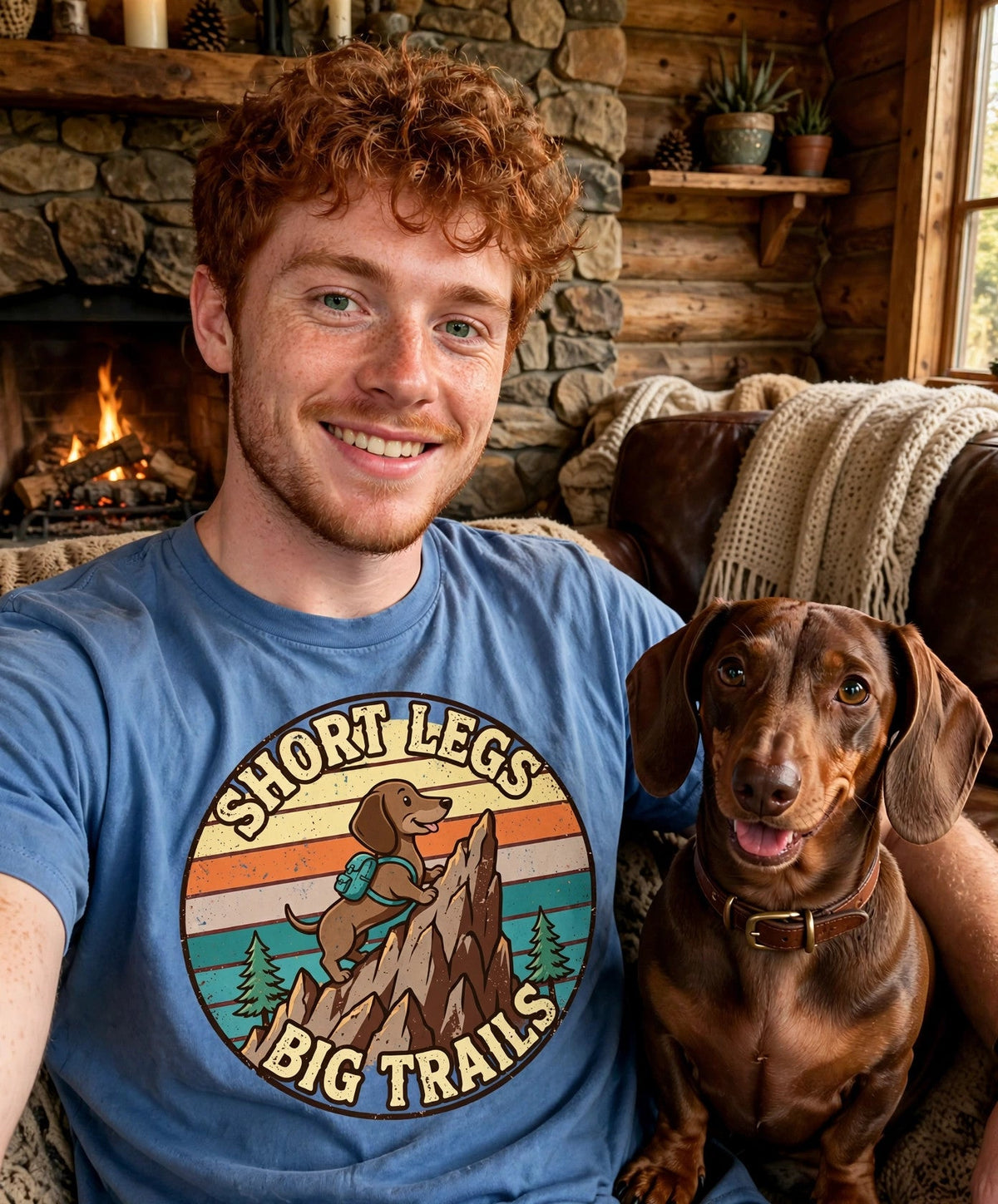Worn by him — Short Legs, Big Trails Dachshund Tee — Retro Sunset Badge
