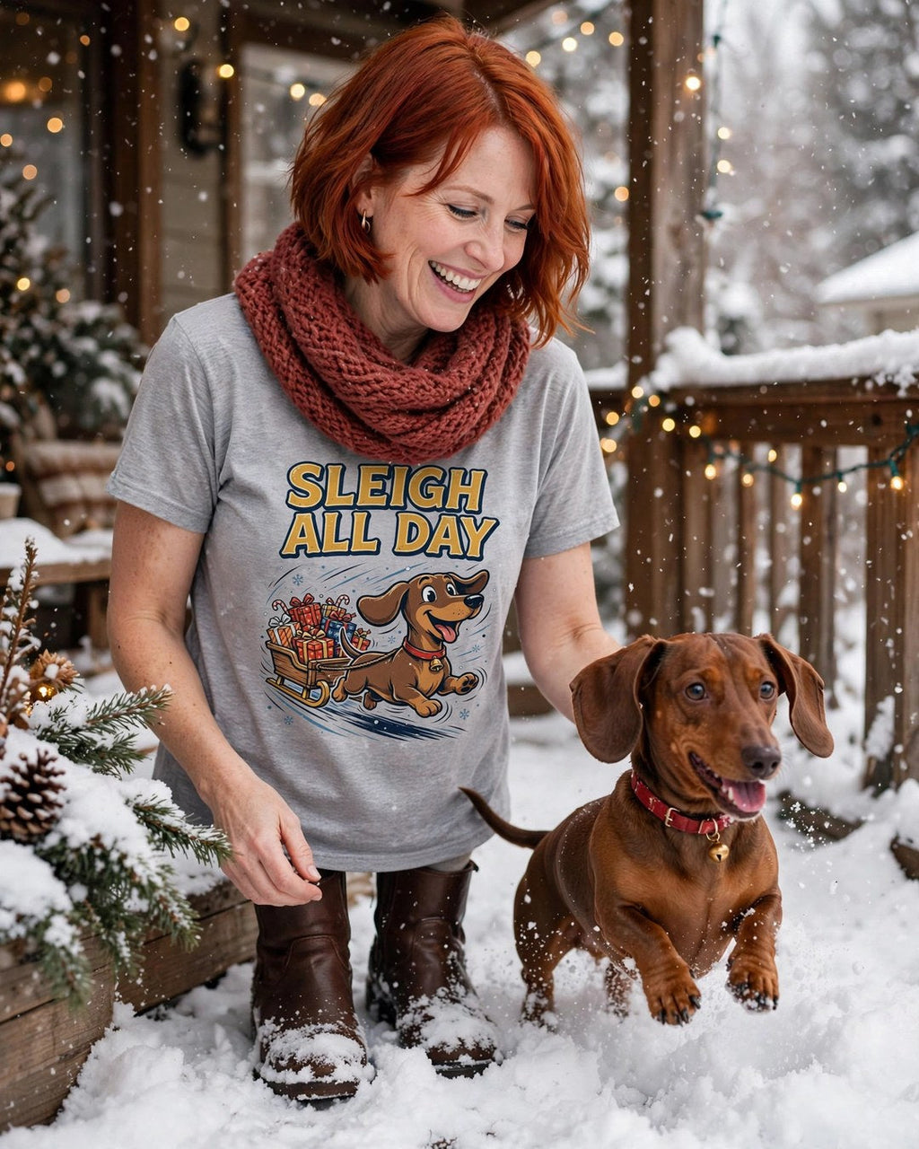 Worn by her — Sleigh All Day Dachshund Tee