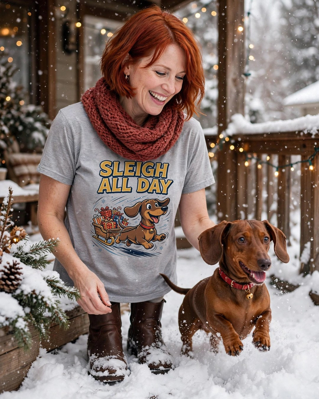 Worn by her — Sleigh All Day Dachshund Tee