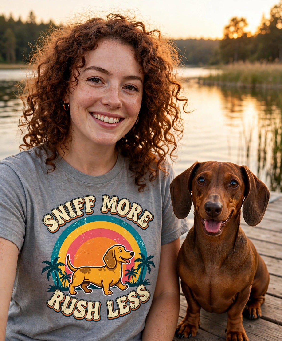 Worn by her — Sniff More, Rush Less Dachshund Tee