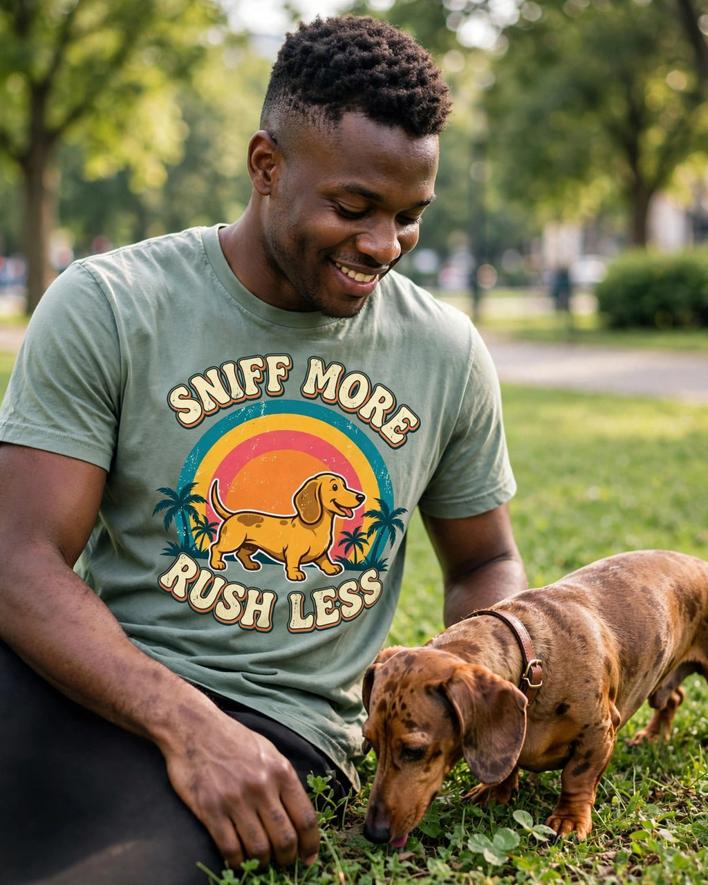Worn by him — Sniff More, Rush Less Dachshund Tee