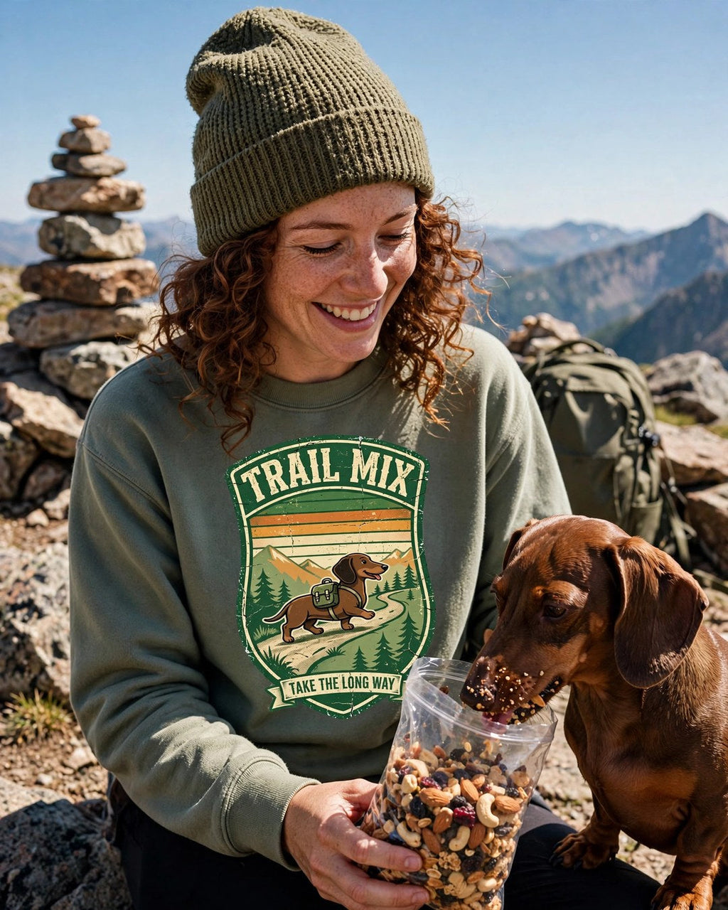 Worn by her — Trail Mix Dachshund Sweatshirt
