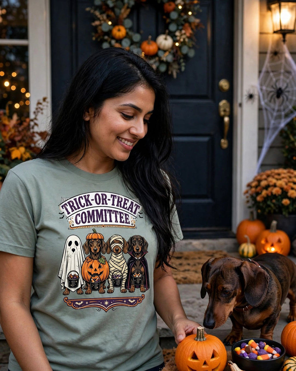 'Trick-or-Treat Committee –' Dachshund T-Shirt — alternate view