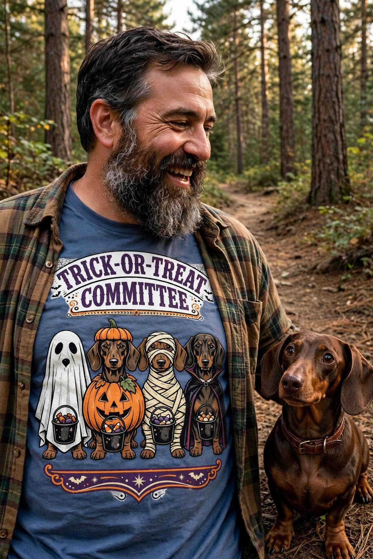 Worn by him — Trick-or-Treat Committee – Halloween Dachshund Tee