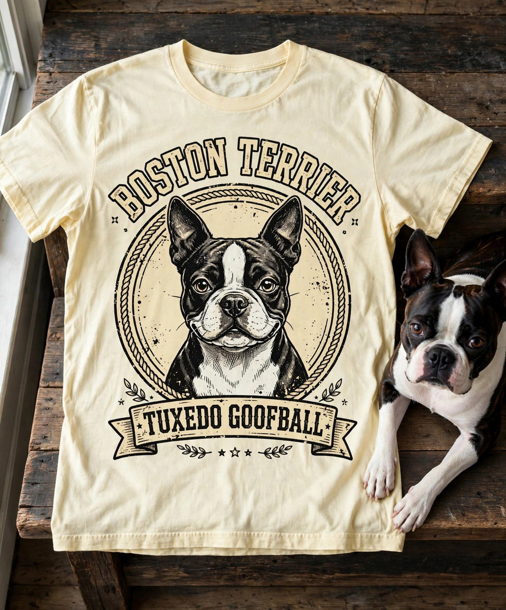 'Tuxedo Goofball' Boston Terrier T-Shirt in Butter