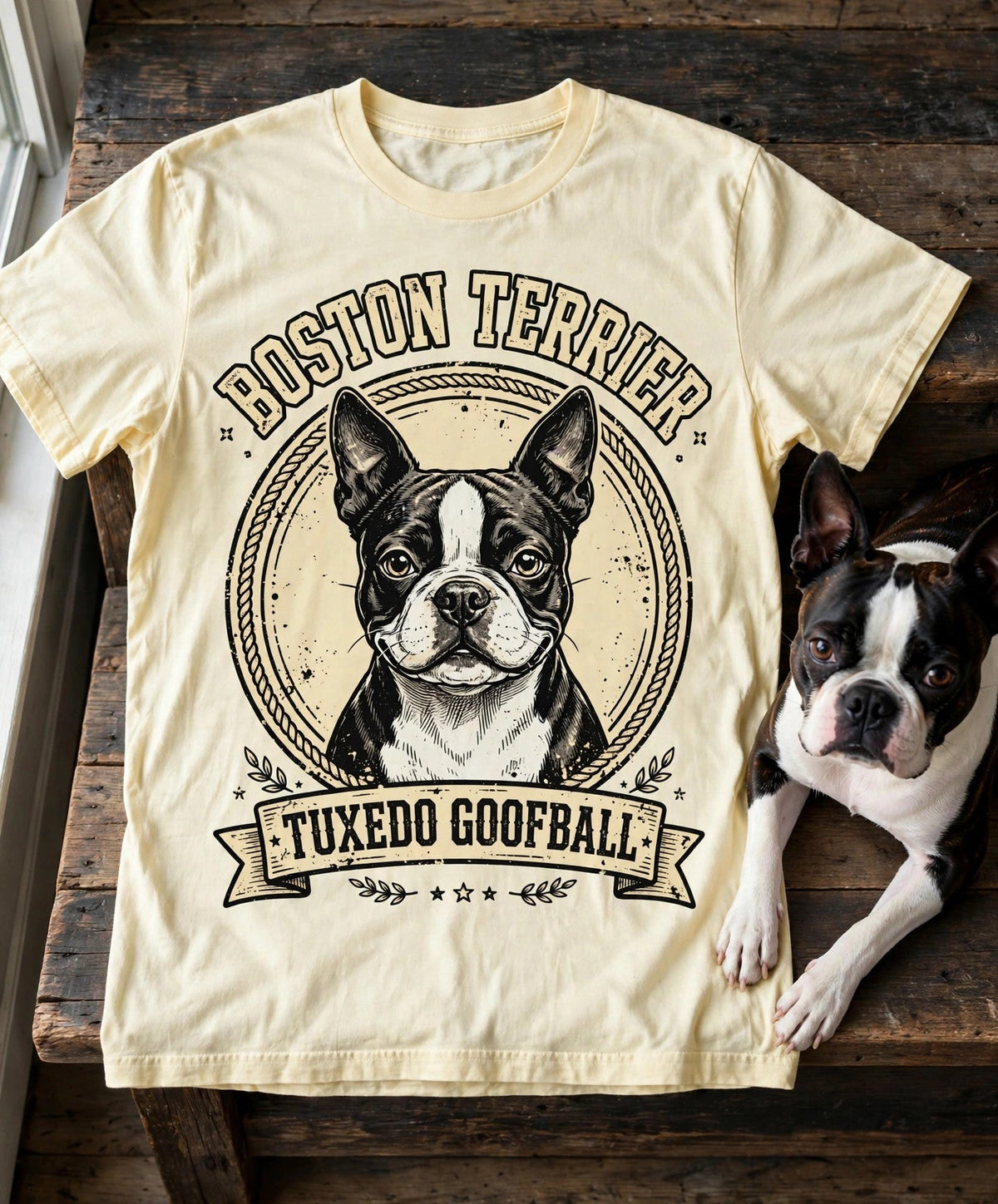Boston Terrier Tuxedo Goofball Tee — Comfort Colors fabric detail