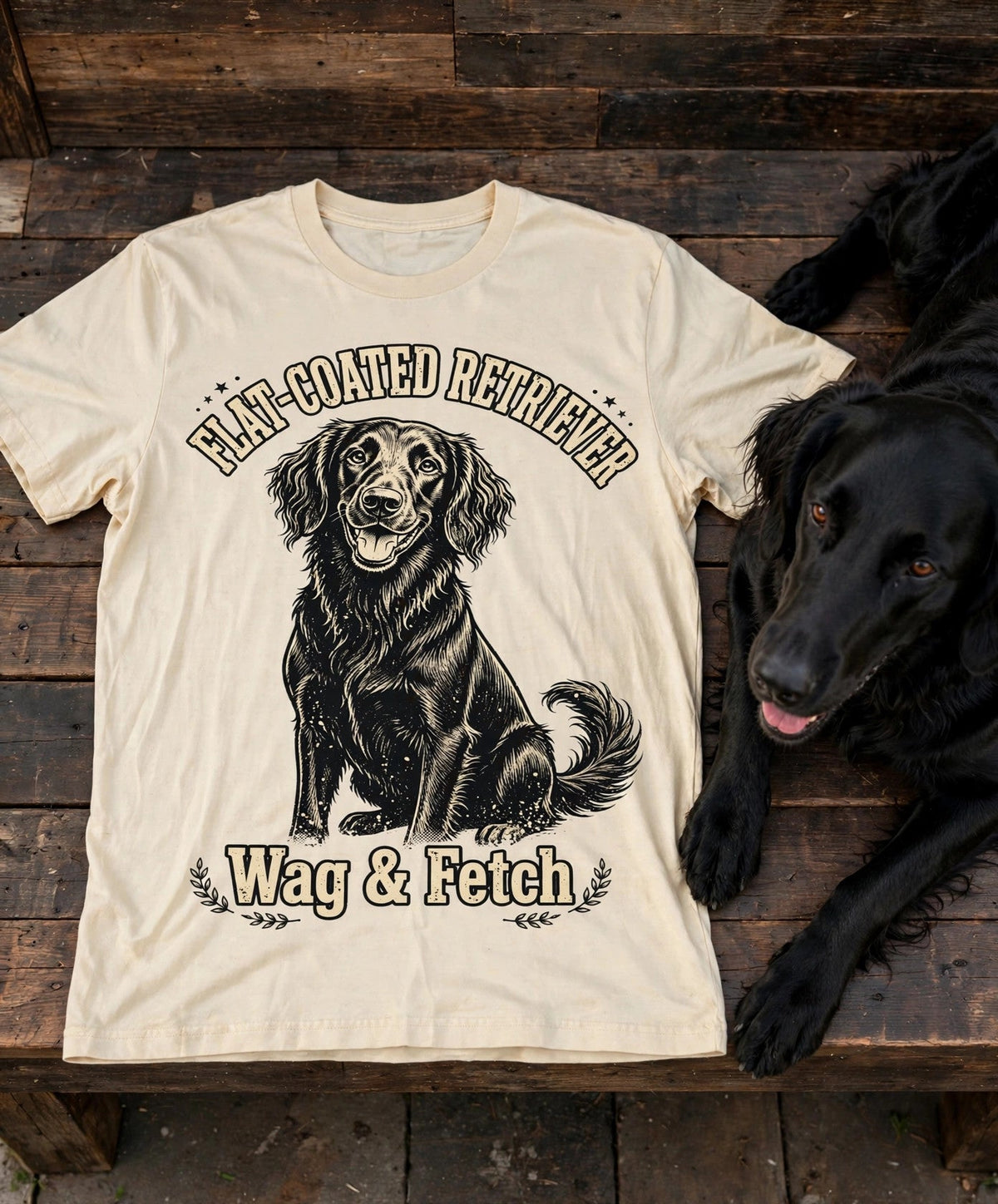 'Wag & Fetch' Flat-Coated Retriever T-Shirt in Butter