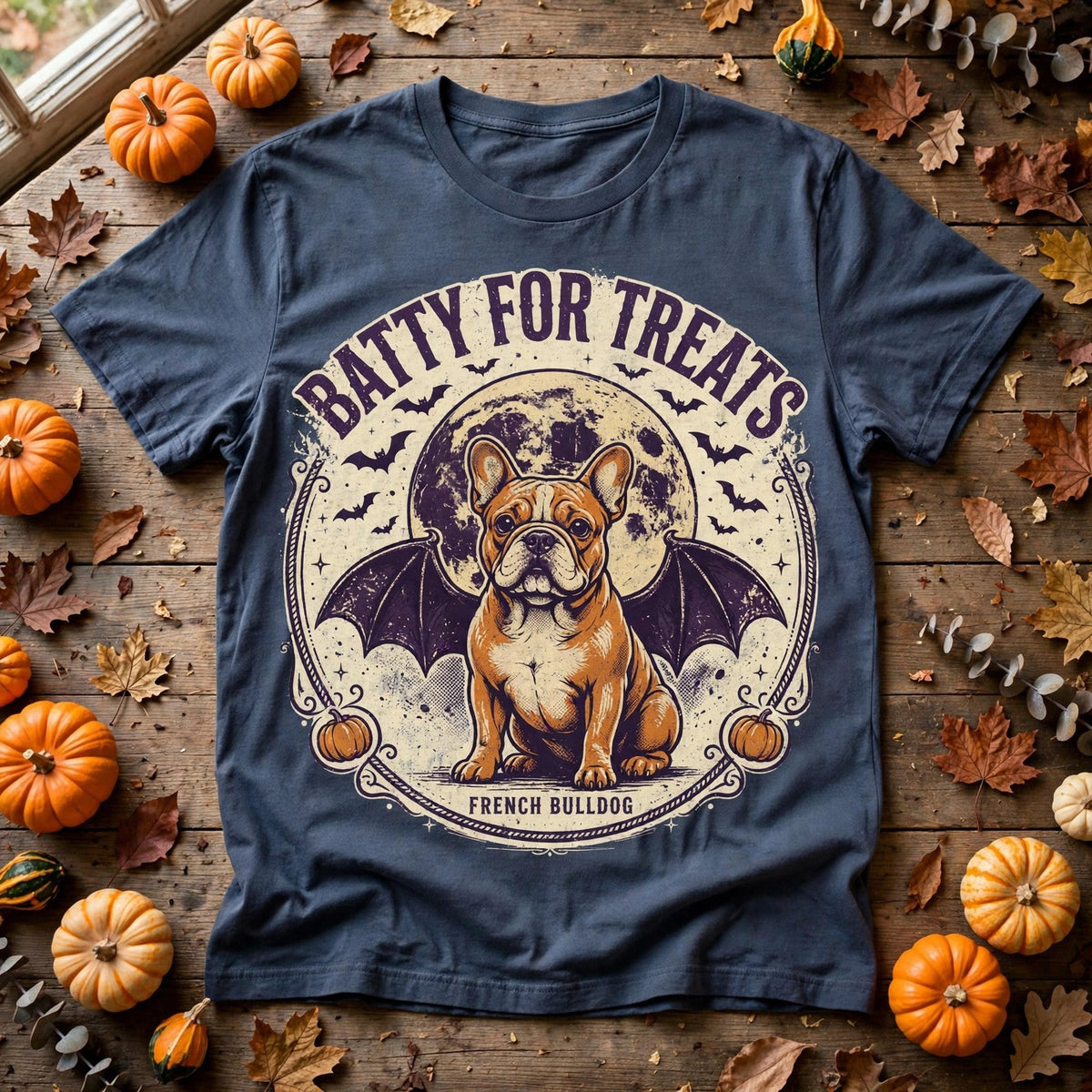 French Bulldog Batty for Treats Halloween Tee - Blue Jean