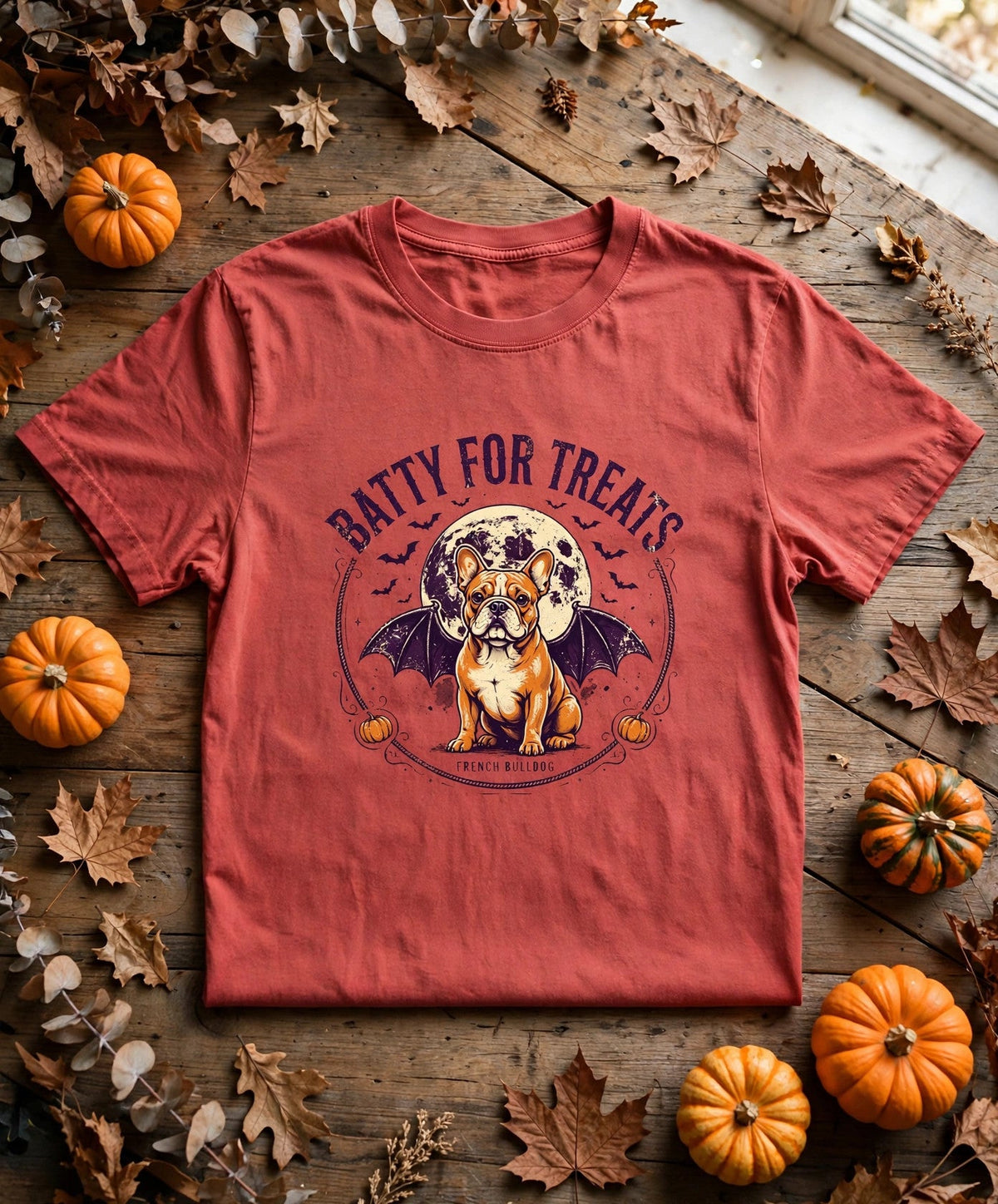 French Bulldog Batty for Treats Halloween Tee - Brick