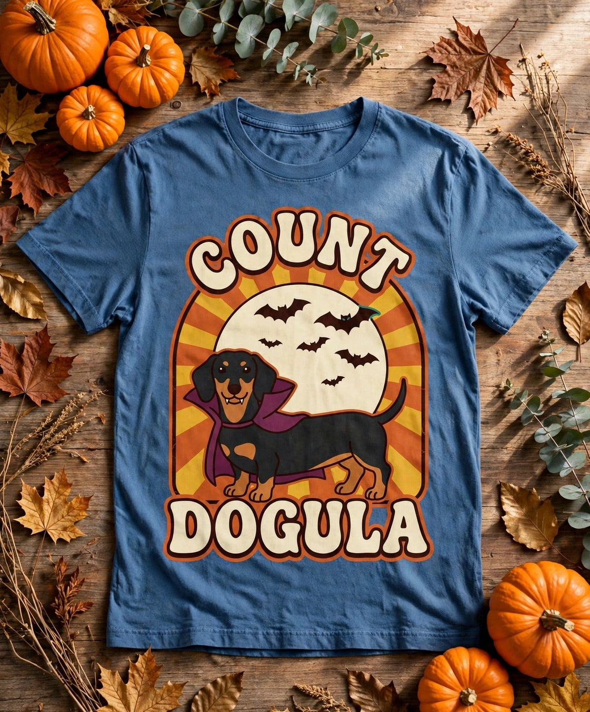 Dachshund Count Dogula Halloween Tee - Blue Jean