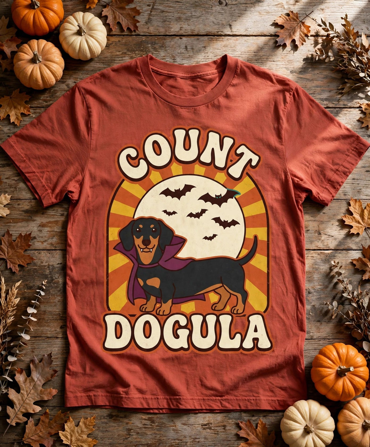 Dachshund Count Dogula Halloween Tee - Brick