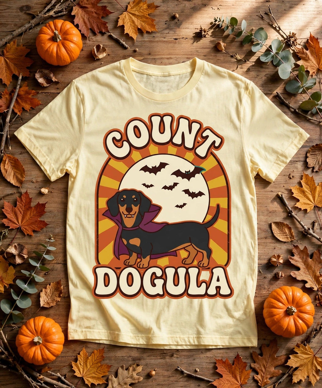 Dachshund Count Dogula Halloween Tee - Butter