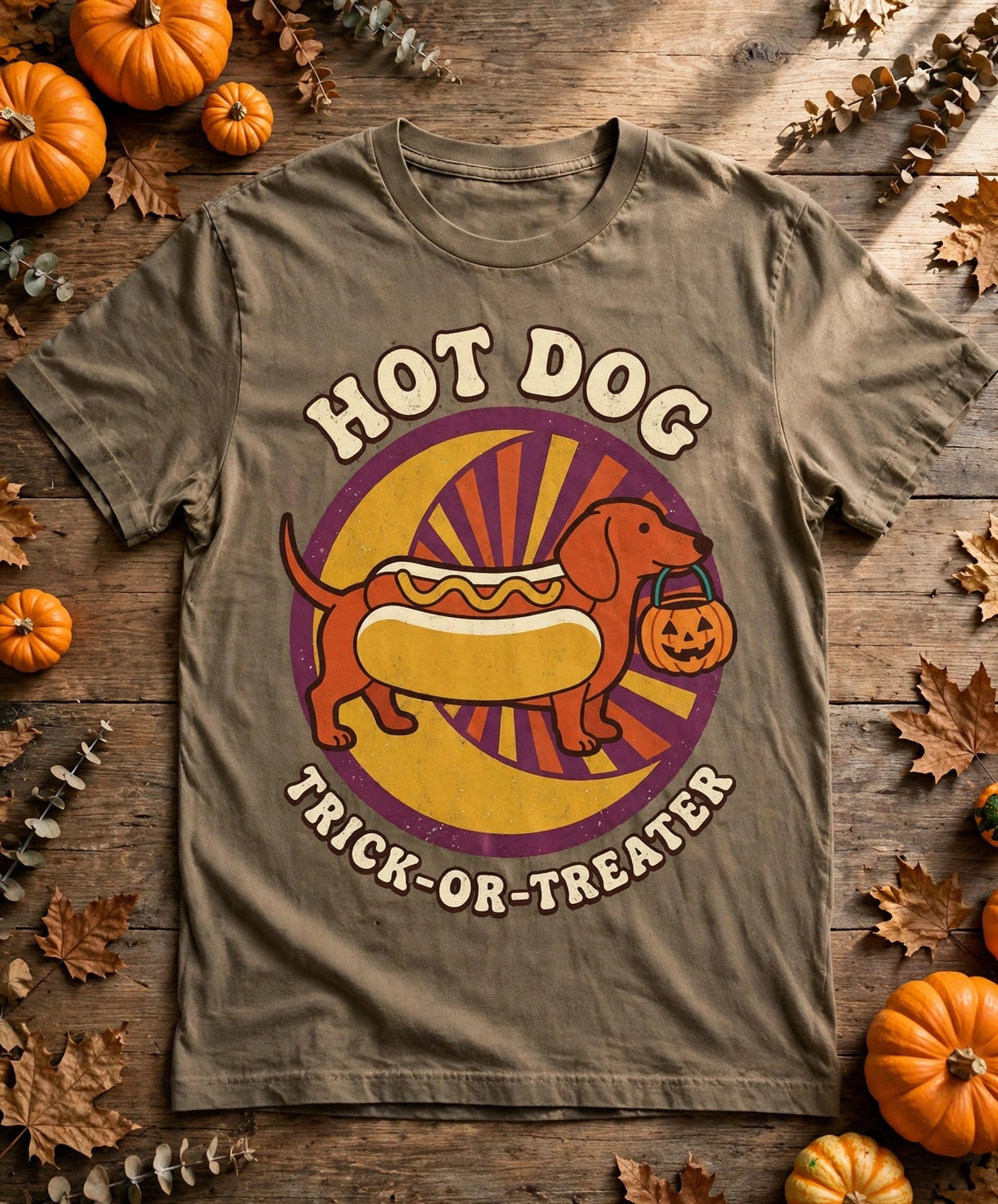 Dachshund Hot Dog Trick-or-Treater Halloween Tee - Bay