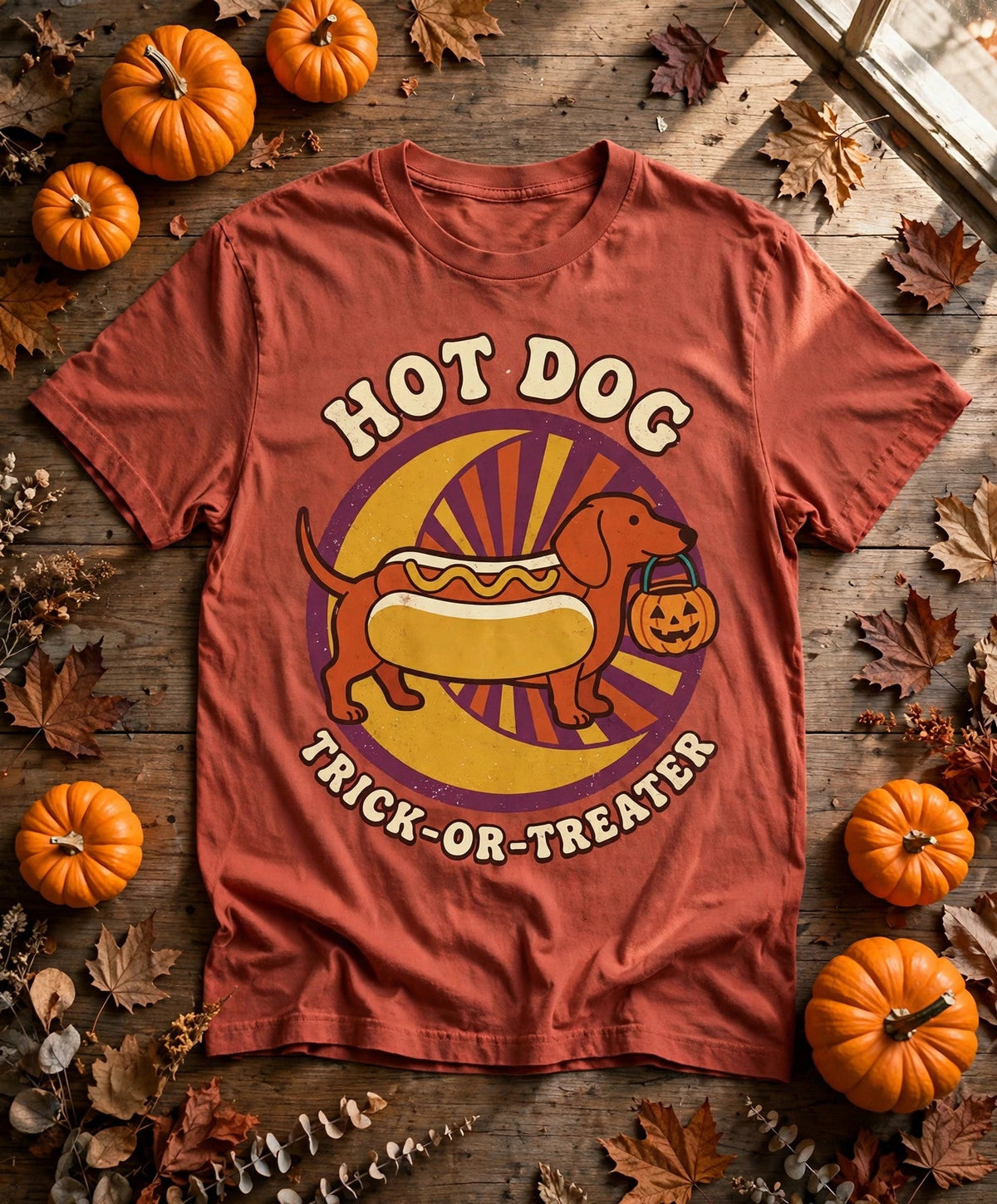 Dachshund Hot Dog Trick-or-Treater Halloween Tee - Brick
