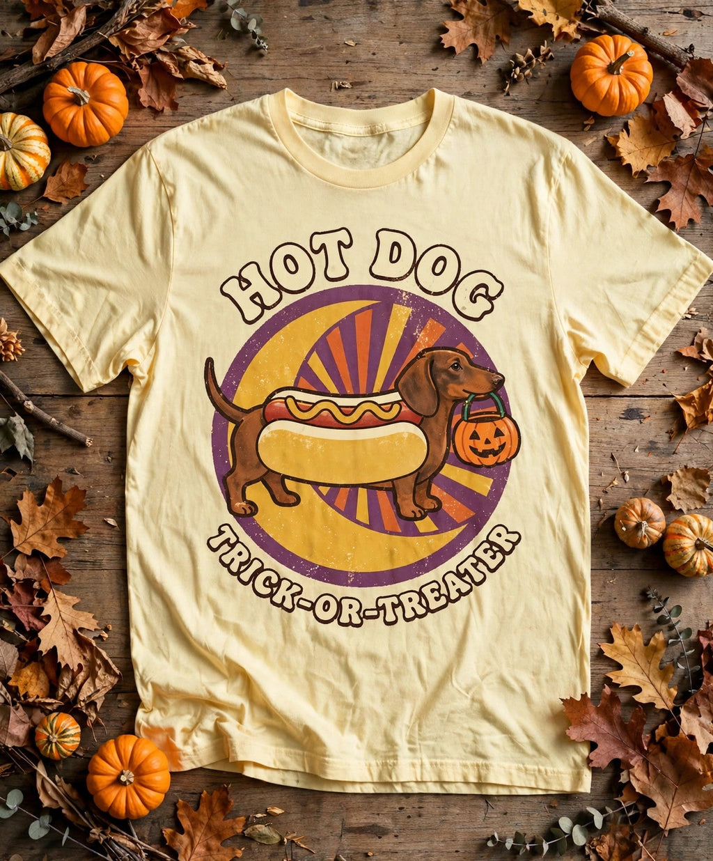 'Hot Dog Trick-or-Treater' Dachshund T-Shirt in Butter