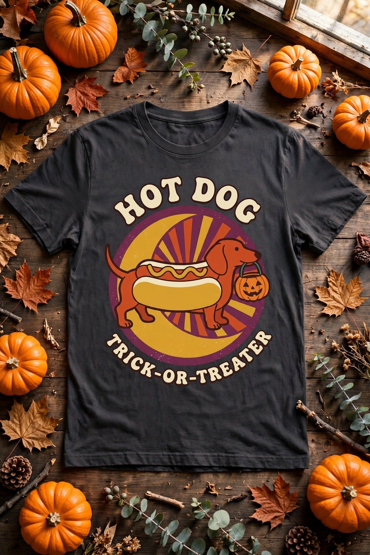 Dachshund Hot Dog Trick-or-Treater Halloween Tee - Pepper