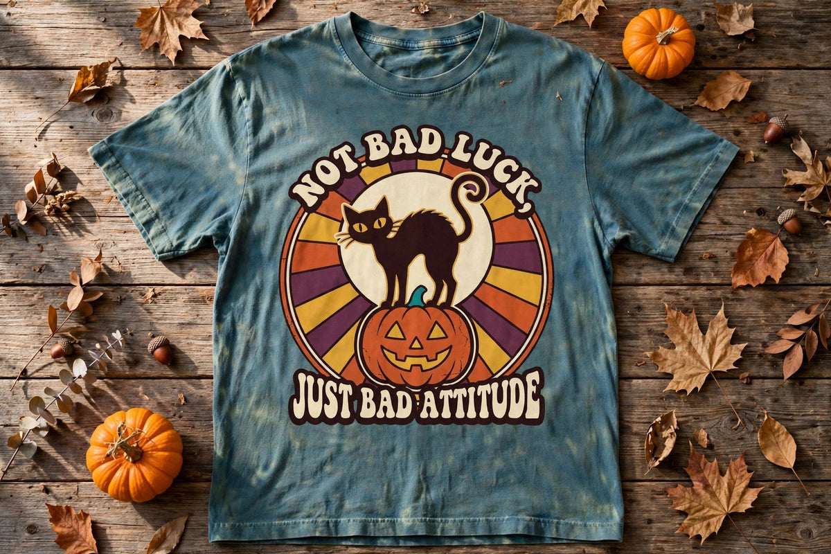 Black Cat Not Bad Luck Just Bad Attitude Halloween Tee - Bay