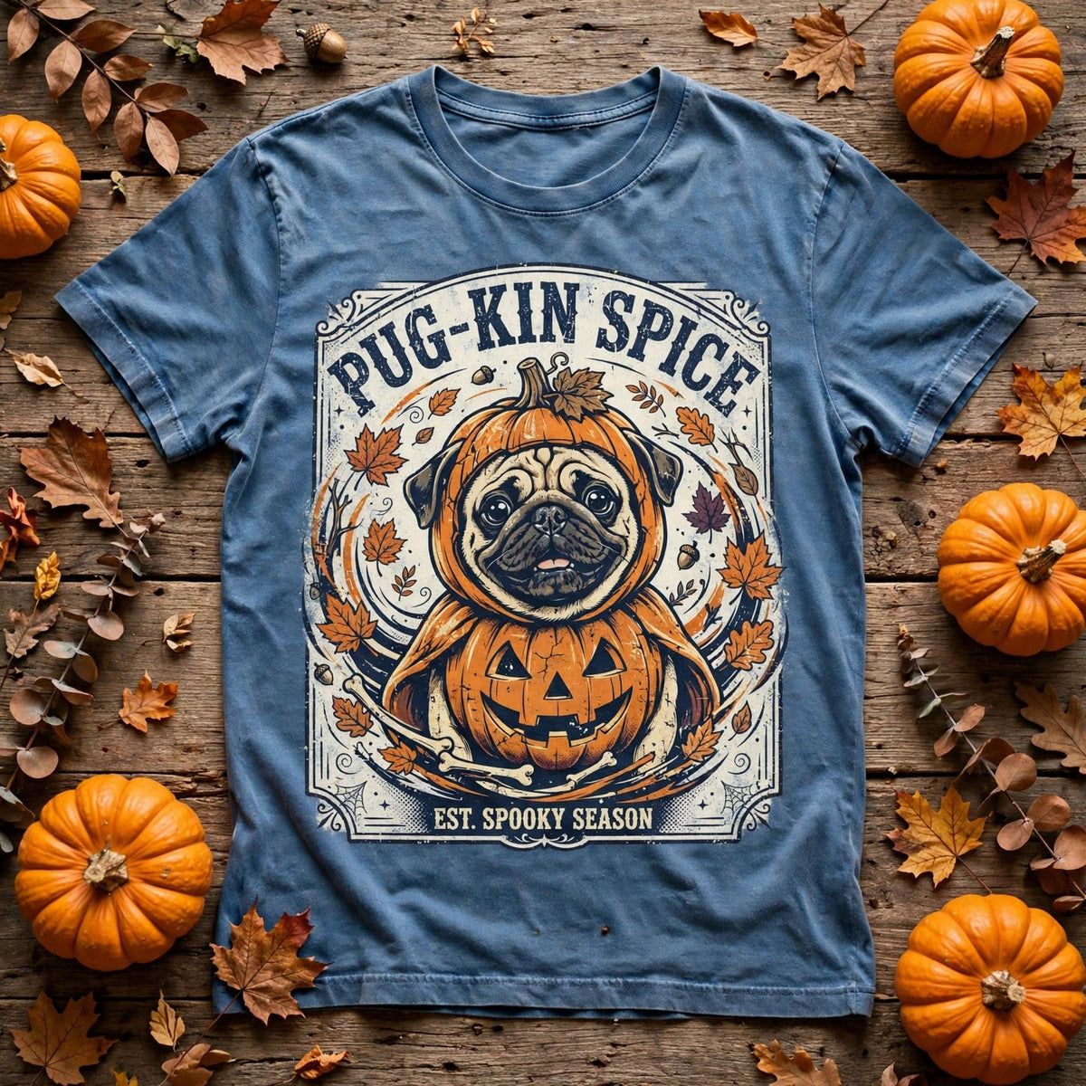 Pug Pug-kin Spice Halloween Tee - Blue Jean