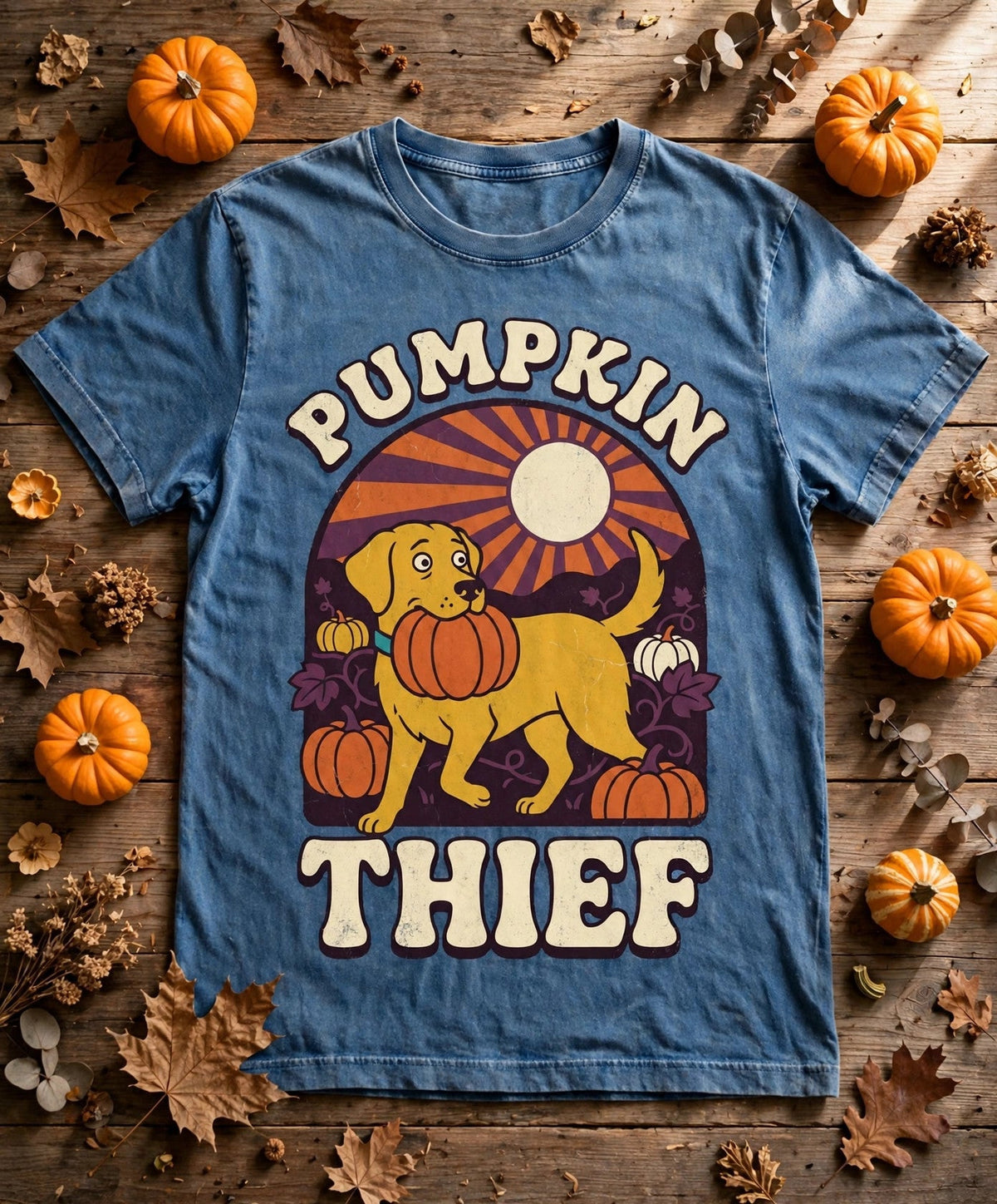 Labrador Pumpkin Thief Halloween Tee - Blue Jean