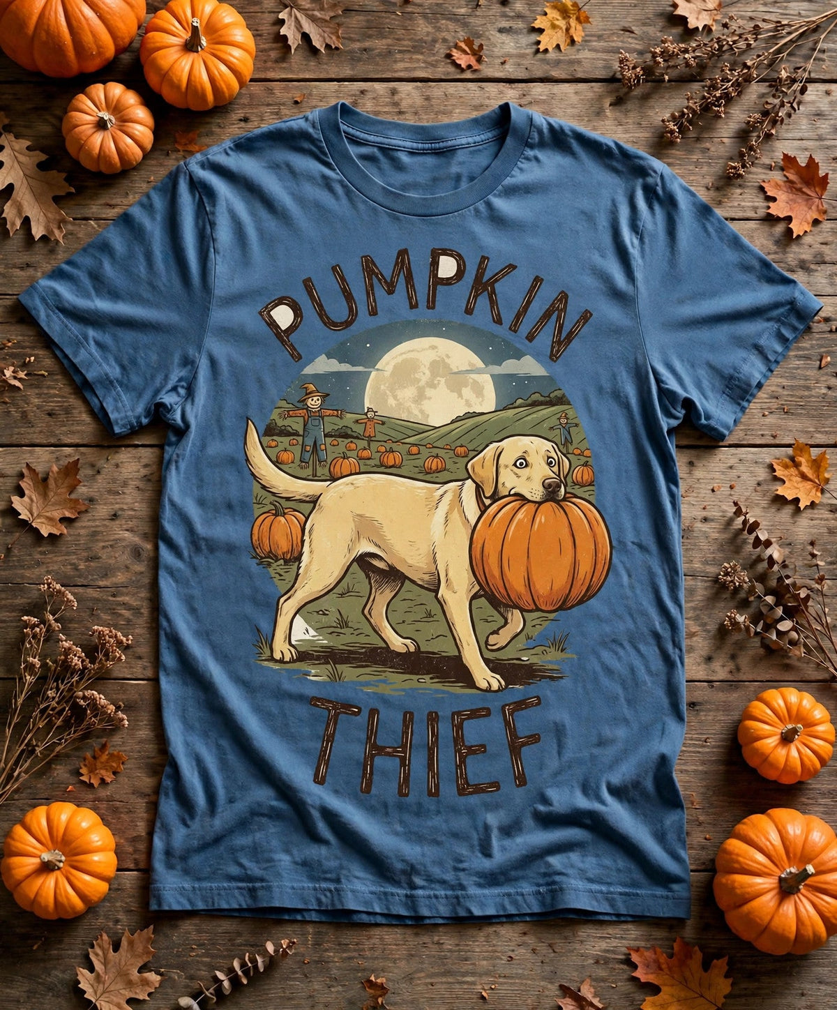 Labrador Pumpkin Thief Pumpkin Patch Halloween Tee - Blue Jean
