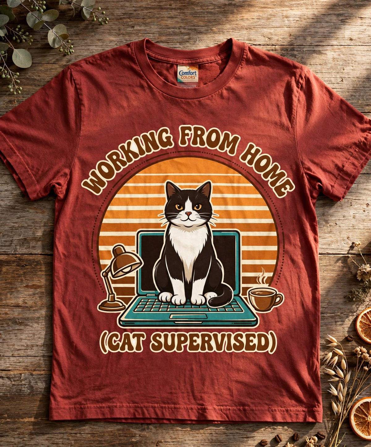 Working From Home Cat Supervised Tee - Brick