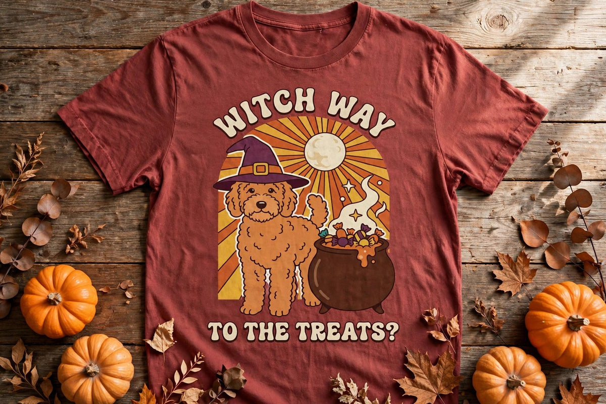 Goldendoodle Witch Way to the Treats Halloween Tee - Brick