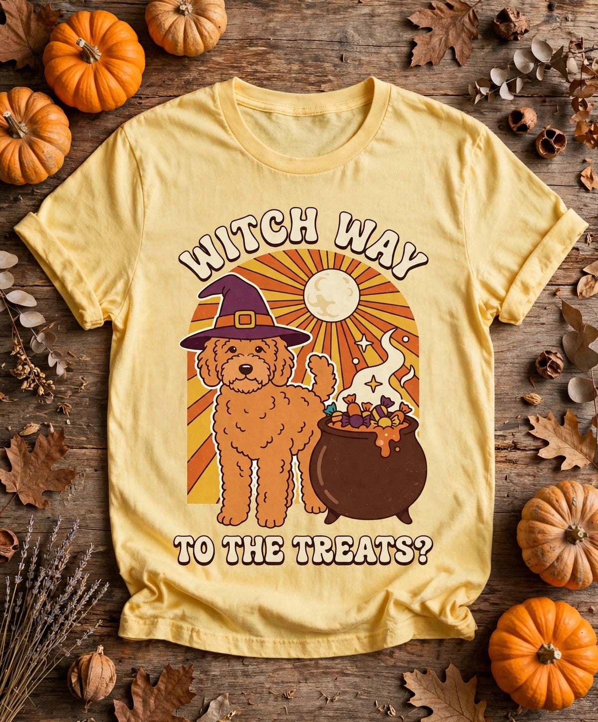 Goldendoodle Witch Way to the Treats Halloween Tee - Butter