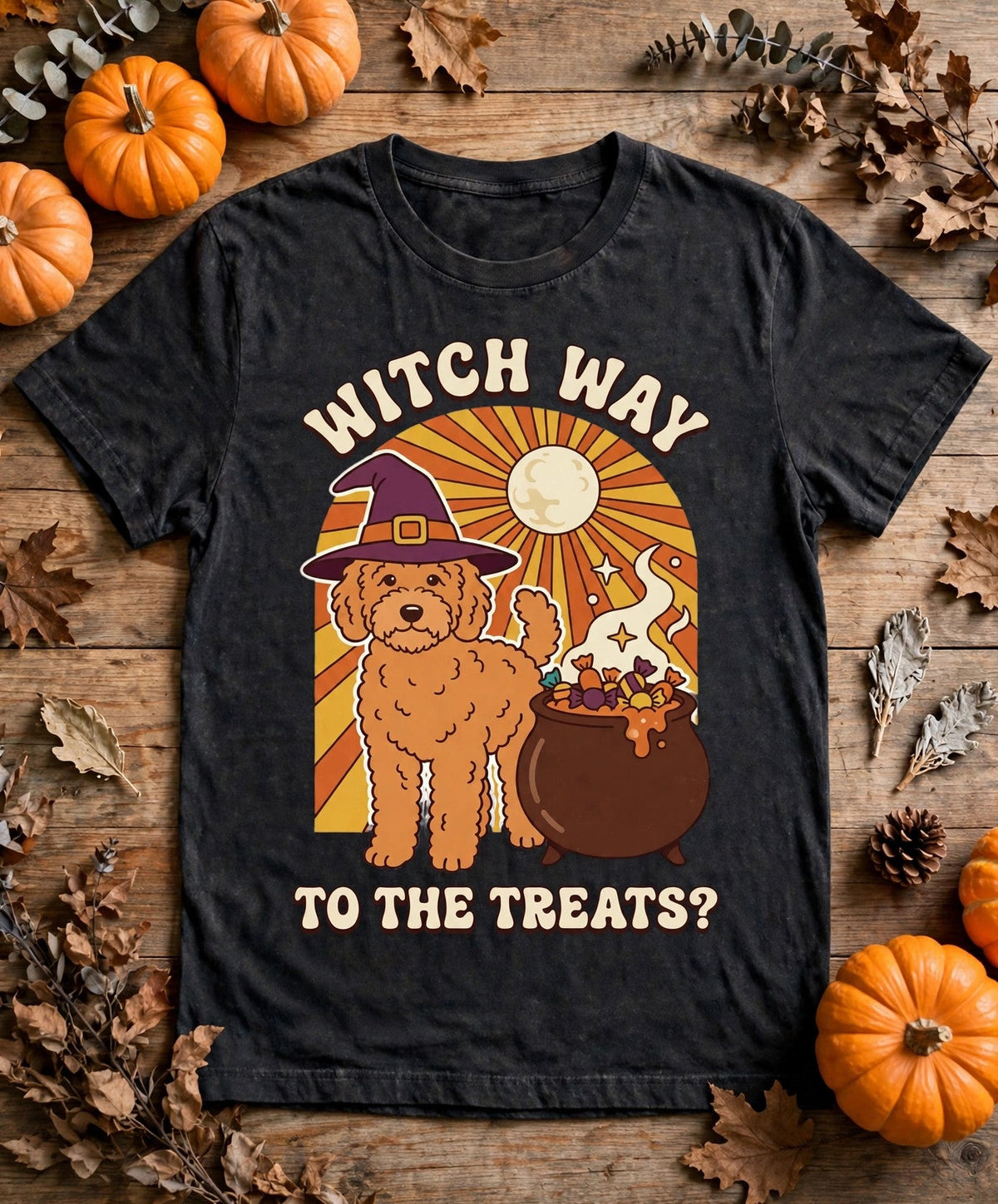 Goldendoodle Witch Way to the Treats Halloween Tee - Pepper