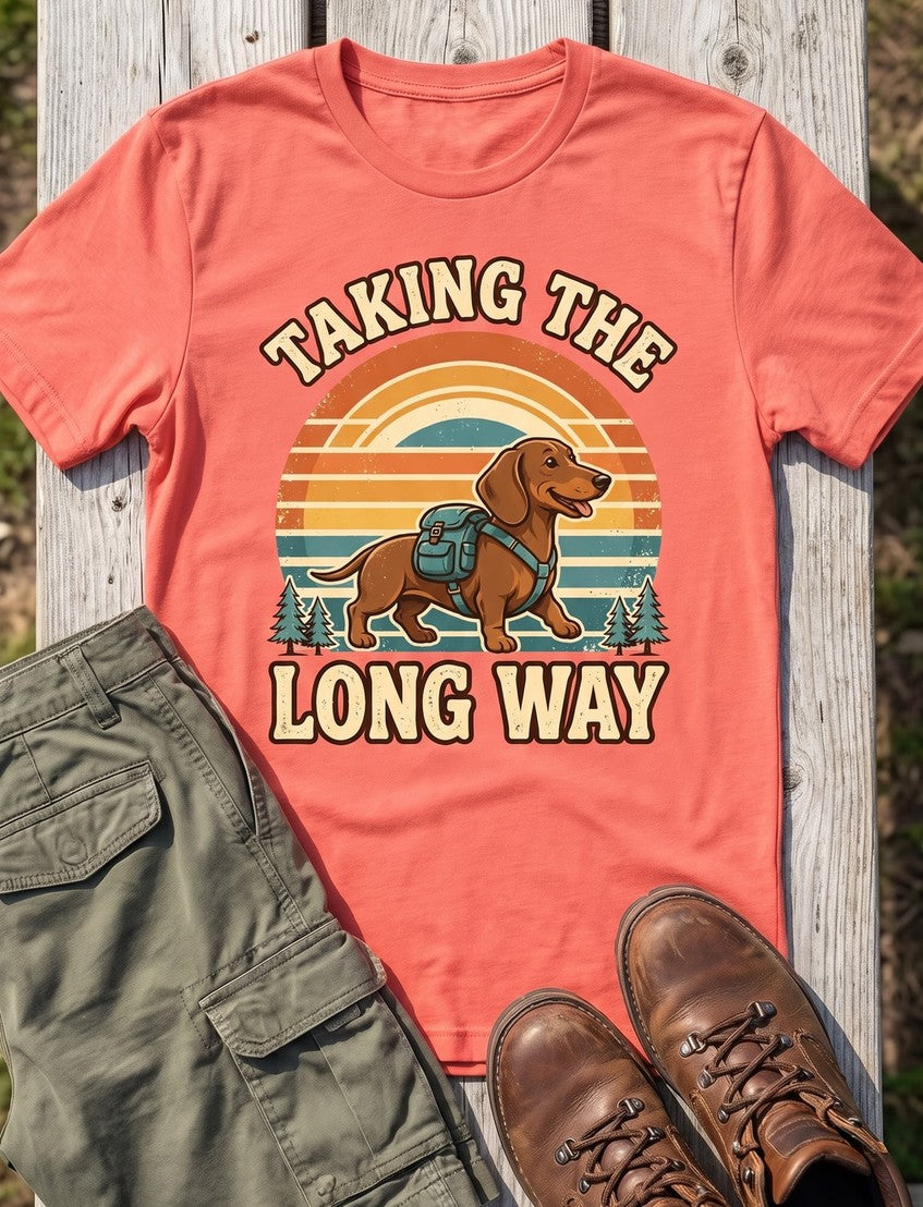 Taking The Long Way dachshund tee in Coral